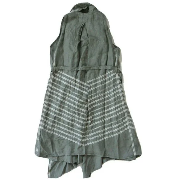 NWT JWLA Johnny Was LA Petra in Army Green Embroidered Belted Drape Linen Vest S